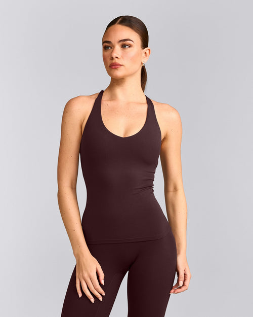 SoftMotion™ Racer Back Tank Top with Built in Bra Shelf with Gray Logo | Plum Brown