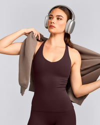 SoftMotion™ Racer Back Vest with Built in Bra Shelf with Grey Logo | Plum Brown