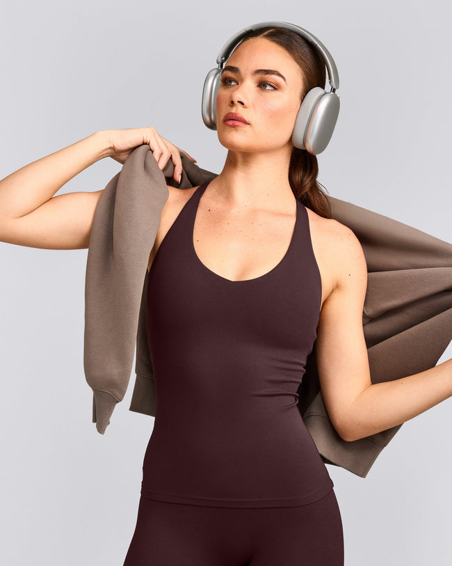 SoftMotion™ Racer Back Vest with Built in Bra Shelf with Grey Logo | Plum Brown