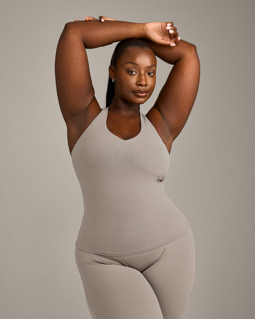 SoftMotion™ Racer Back Vest with Built in Bra Shelf with White Logo | Warm Sand