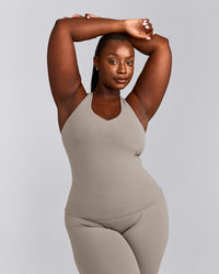 SoftMotion™ Racer Back Tank Top with Built in Bra Shelf with White Logo | Warm Sand