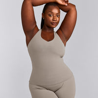 SoftMotion™ Racer Back Tank Top with Built in Bra Shelf with White Logo | Warm Sand