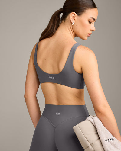 SoftMotion™ Scoop Back Bralette with Grey Logo | Ash Grey