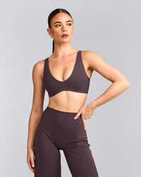 SoftMotion™ Scoop Back Bralette with Gray Logo | Dark Umber Brown