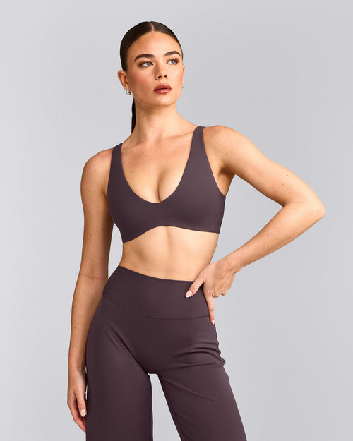 SoftMotion™ Scoop Back Bralette with Gray Logo | Dark Umber Brown