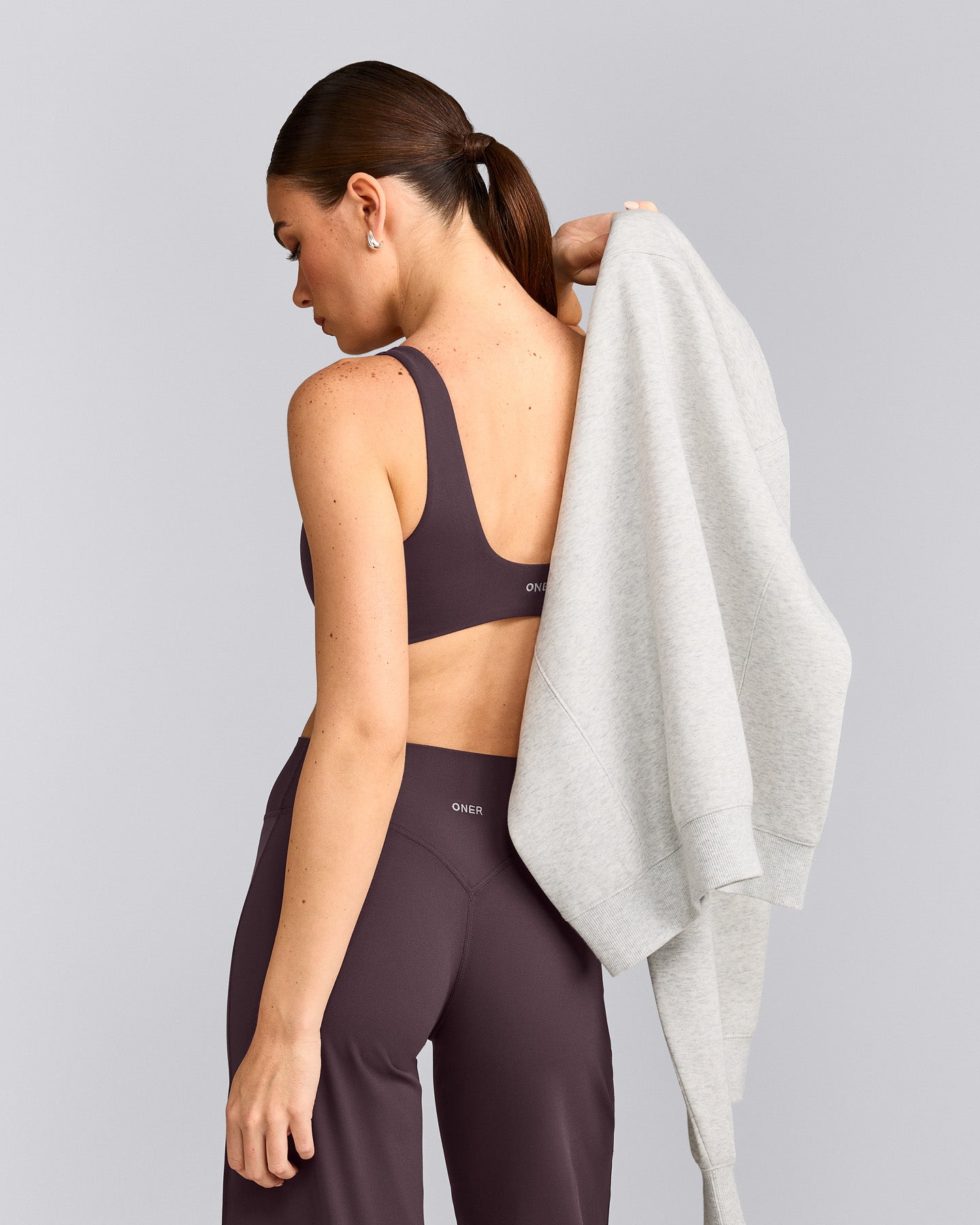SoftMotion™ Scoop Back Bralette with Gray Logo | Dark Umber Brown