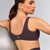 SoftMotion™ Scoop Back Bralette with Gray Logo | Dark Umber Brown