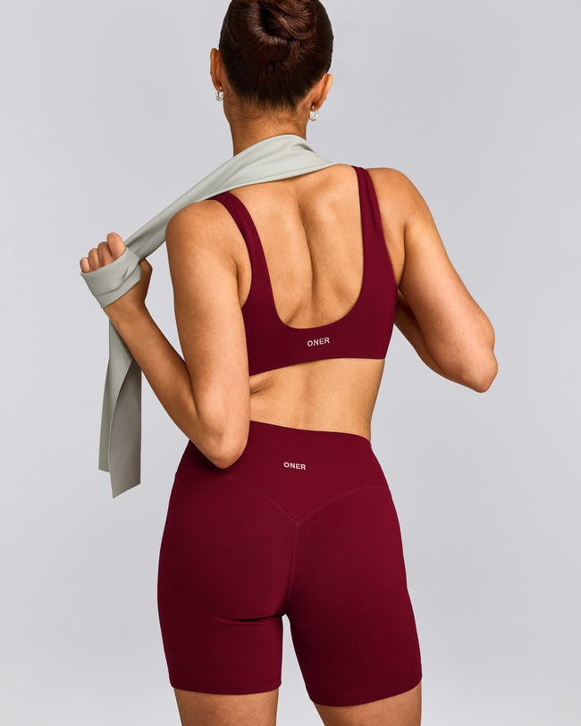 SoftMotion™ Scoop Back Bralette with Grey Logo | Ruby Red