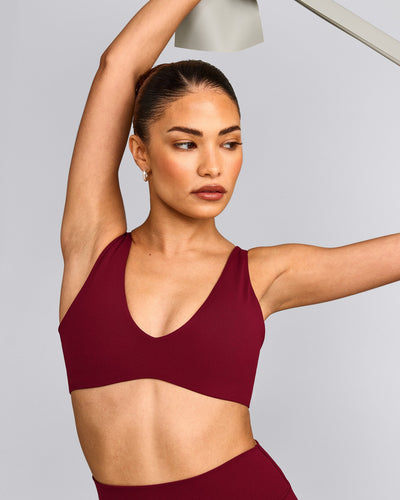 SoftMotion™ Scoop Back Bralette with Grey Logo | Ruby Red
