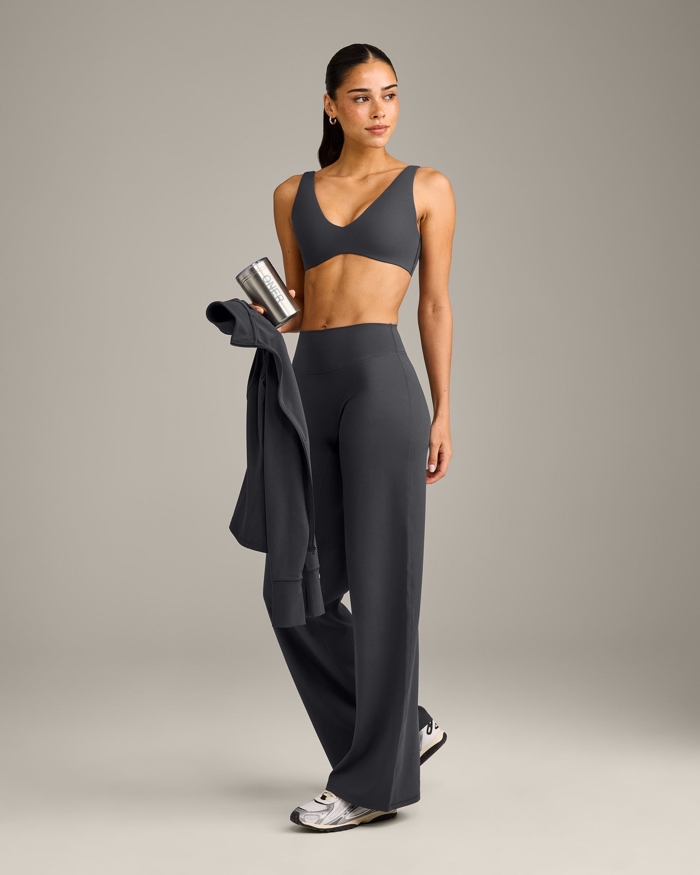 SoftMotion™ Scoop Back Bralette with Grey Logo | Coal