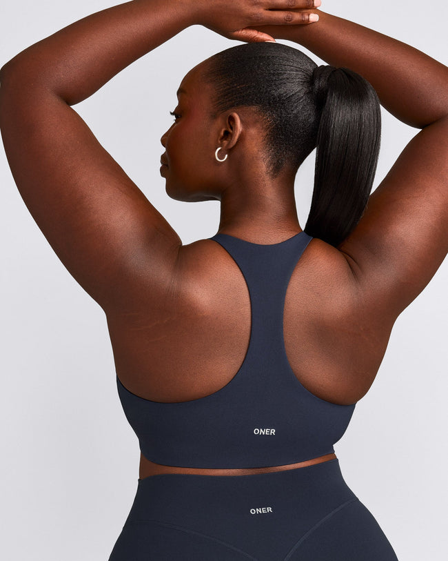 SoftMotion™ Sports Bra with Grey Logo | True Blue