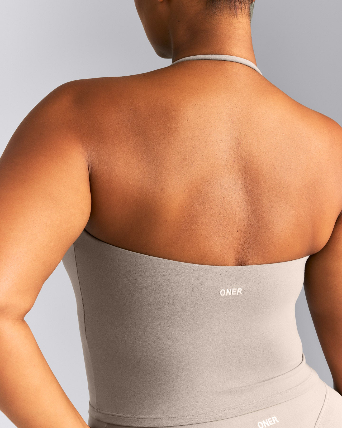 SoftMotion™ Strappy Halter Neck Mid Tank Top with Built in Bra Shelf | Warm Sand