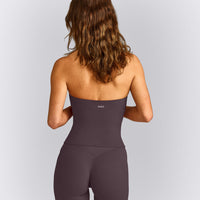 SoftMotion™ Strappy Halter Neck Mid Vest with Built in Bra Shelf with Grey Logo | Dark Umber Brown