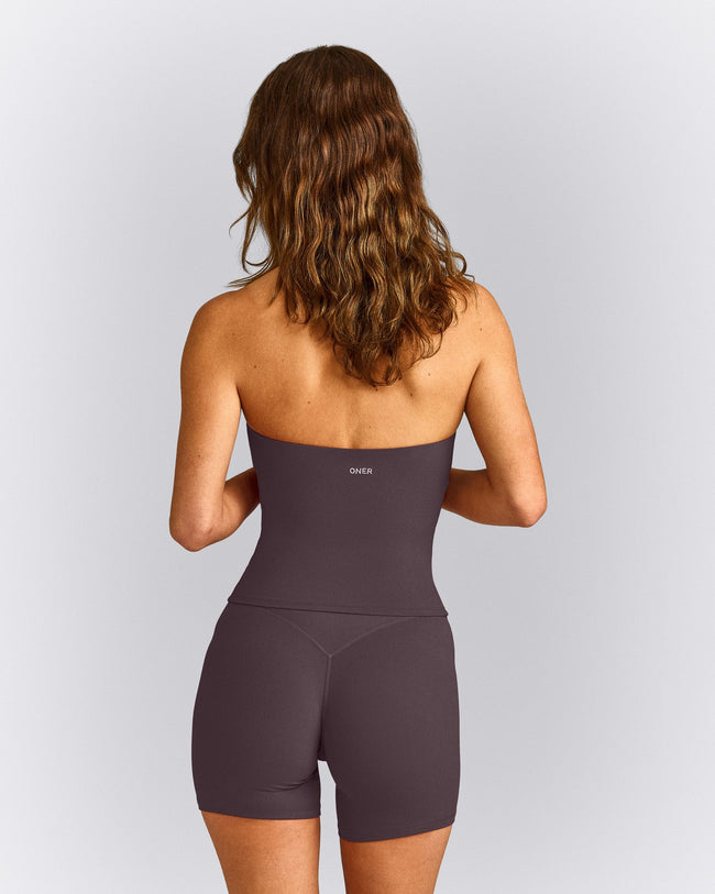 SoftMotion™ Strappy Halter Neck Mid Vest with Built in Bra Shelf with Grey Logo | Dark Umber Brown