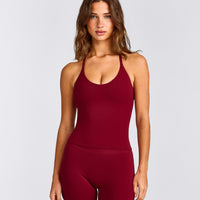 SoftMotion™ Strappy Halter Neck Tank Top with Built in Bra Shelf with Grey Logo | Ruby Red
