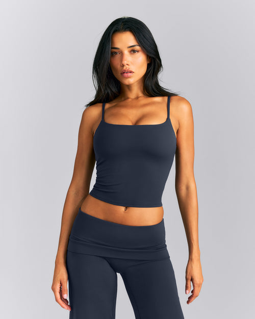 SoftMotion™ Strappy Mid Tank Top with Built in Bra Shelf | True Blue