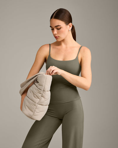 SoftMotion™ Strappy Vest with Built in Bra Shelf with Grey Logo | Alpine Green