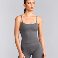 SoftMotion™ Strappy Mid Vest with Built in Bra Shelf with Grey Logo | Ash Grey