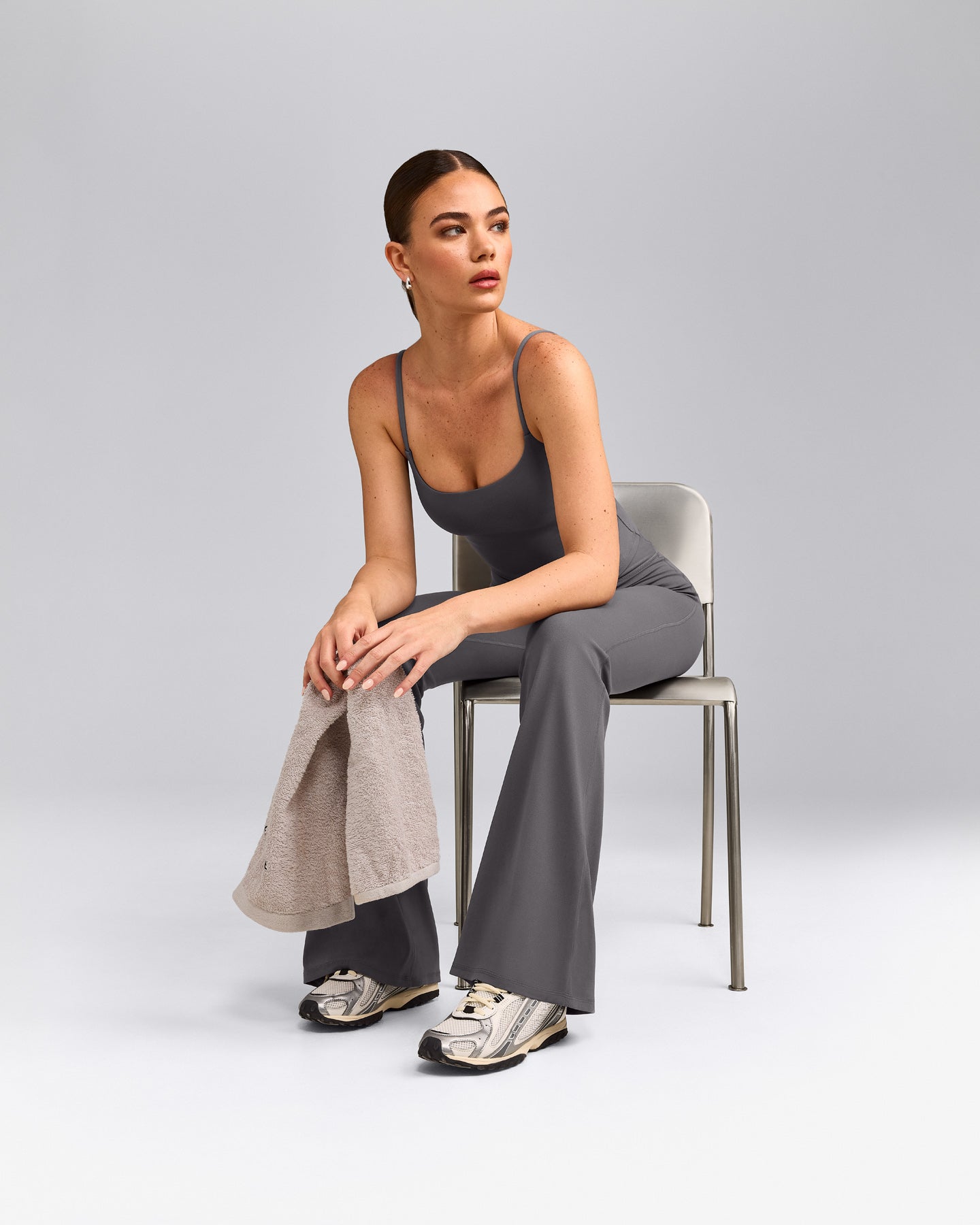 SoftMotion™ Strappy Mid Vest with Built in Bra Shelf with Grey Logo | Ash Grey