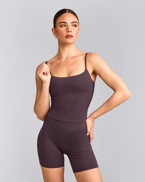 SoftMotion™ Strappy Mid Tank Top with Built in Bra Shelf with Gray Logo | Dark Umber Brown