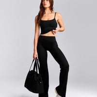 SoftMotion™ Strappy Mid Tank Top with Built in Bra Shelf with Gray Logo | Black
