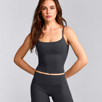 SoftMotion™ Strappy Mid Tank Top with Built in Bra Shelf with Gray Logo | Coal