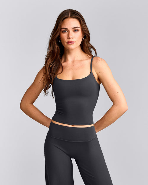 SoftMotion™ Strappy Mid Tank Top with Built in Bra Shelf with Gray Logo | Coal