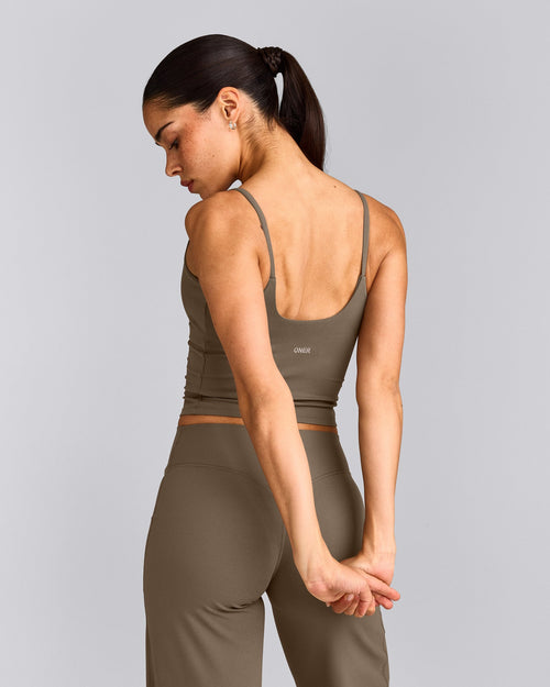 SoftMotion™ Strappy Mid Tank Top with Built in Bra Shelf with Gray Logo | Moss Brown