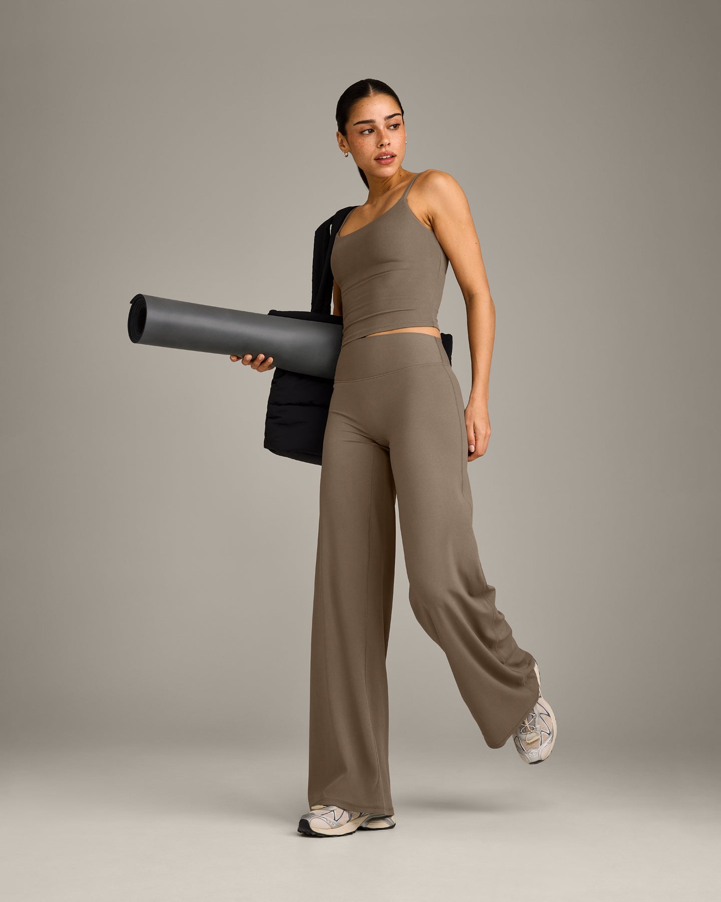 SoftMotion™ Strappy Mid Vest with Built in Bra Shelf with Grey Logo | Moss Brown