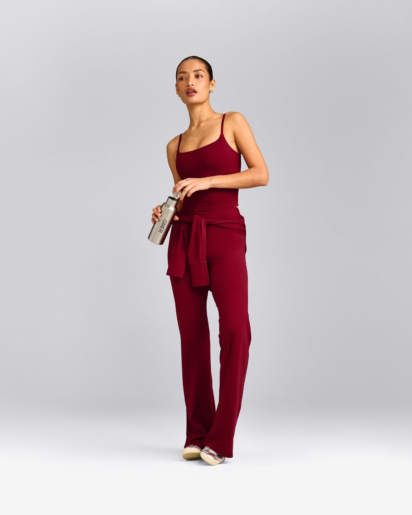 SoftMotion™ Strappy Mid Tank Top with Built in Bra Shelf with Gray Logo | Ruby Red