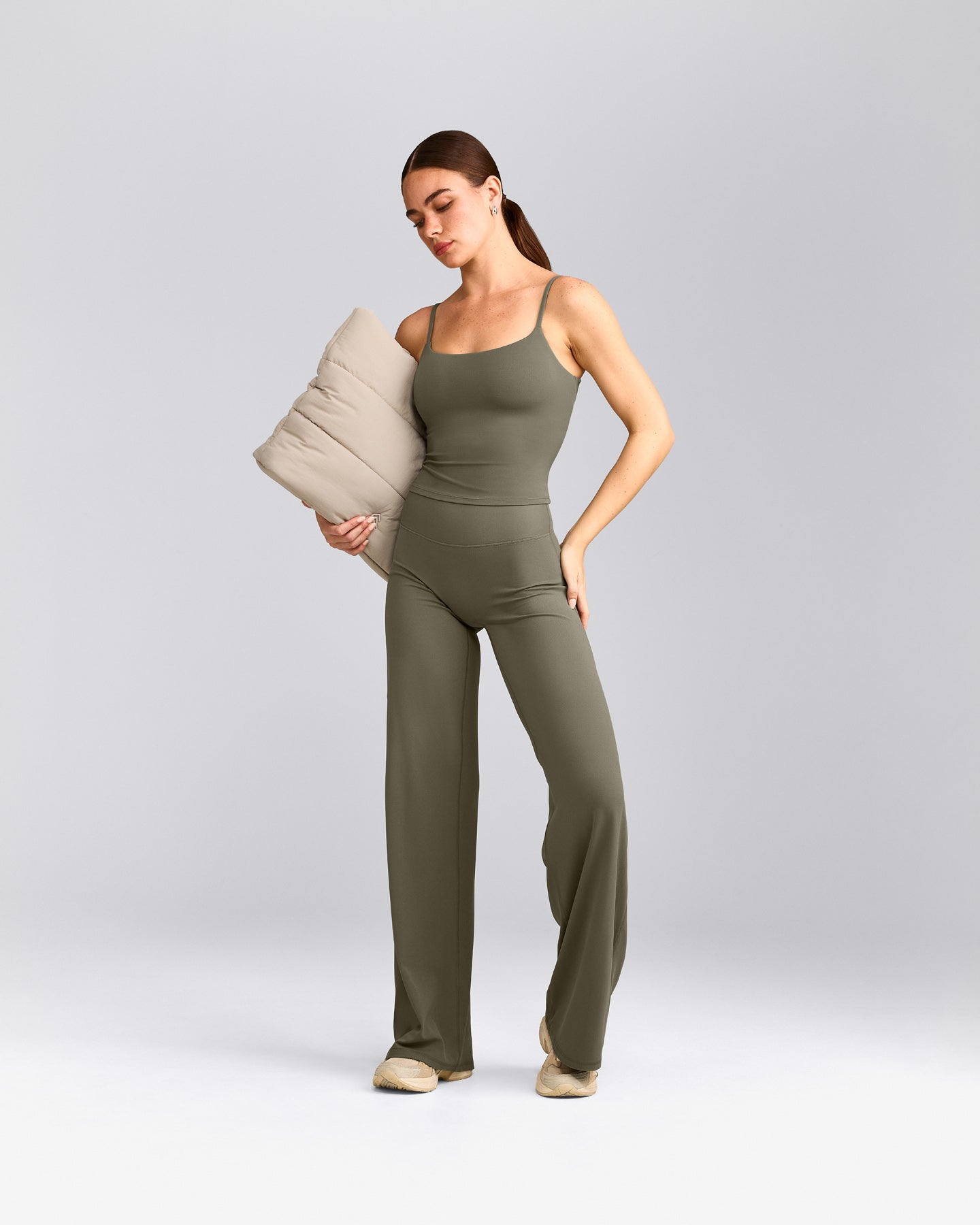 SoftMotion™ Strappy Mid Vest with Built in Bra Shelf with Grey Logo | Alpine Green