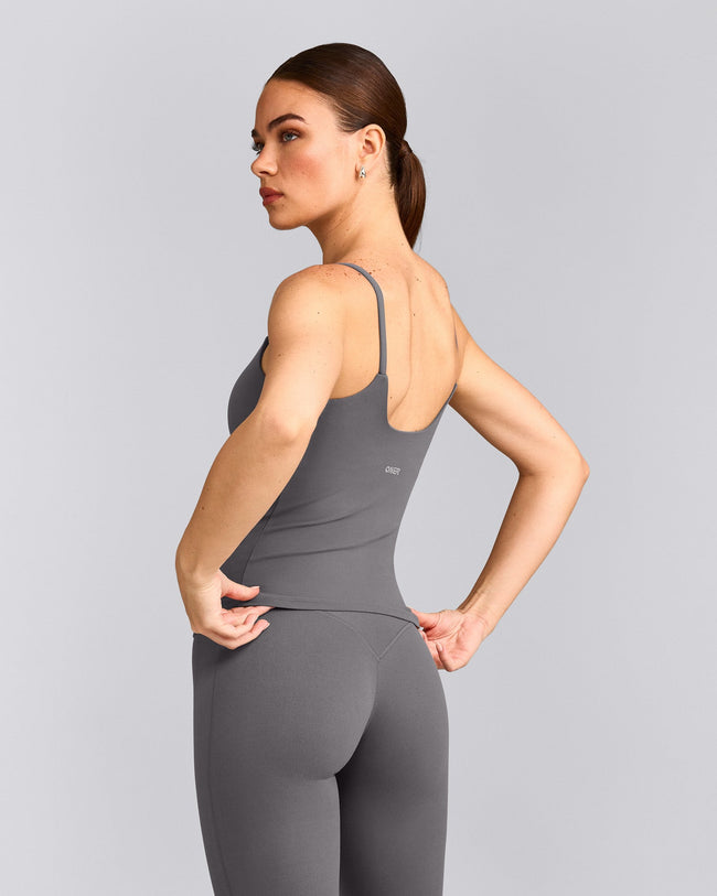 SoftMotion™ Strappy Vest with Built in Bra Shelf with Grey Logo | Ash Grey