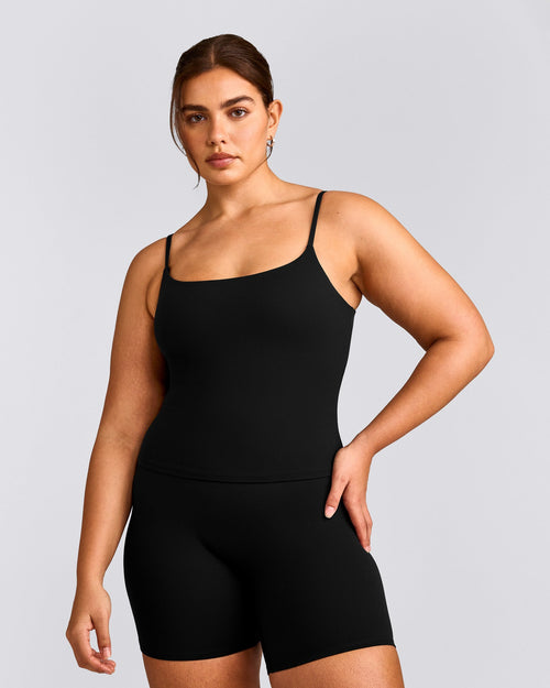 SoftMotion™ Strappy Tank Top with Built in Bra Shelf with Gray Logo | Black