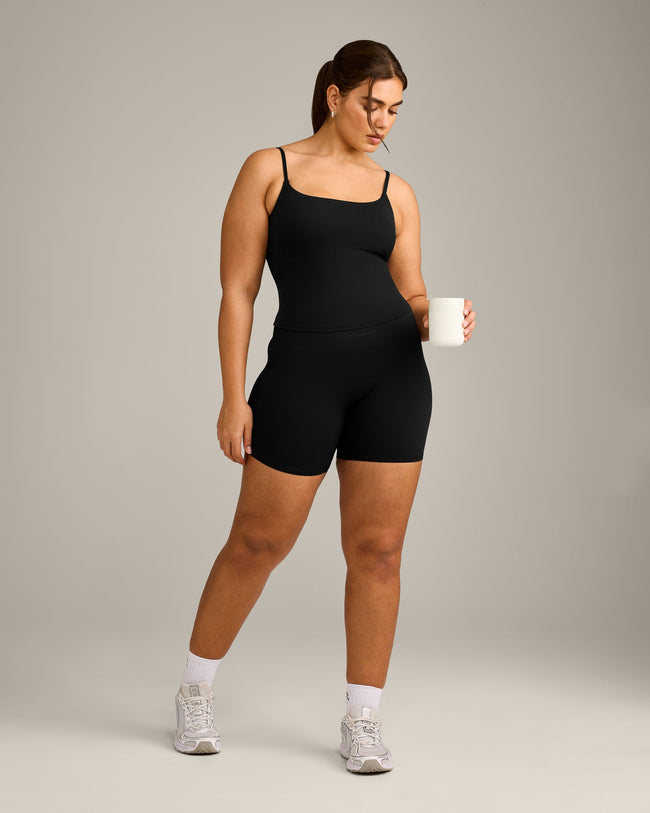 SoftMotion™ Strappy Vest with Built in Bra Shelf with Grey Logo | Black