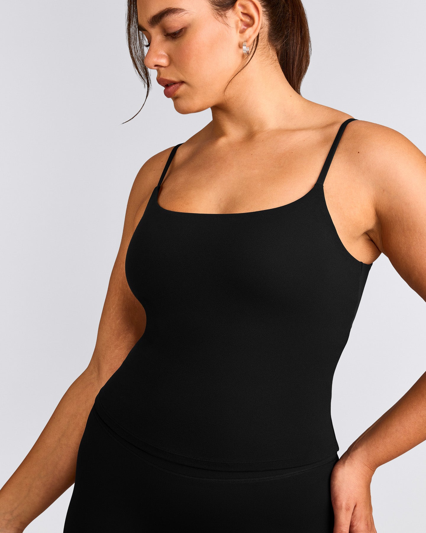SoftMotion™ Strappy Tank Top with Built in Bra Shelf with Gray Logo | Black