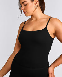 SoftMotion™ Strappy Tank Top with Built in Bra Shelf with Gray Logo | Black