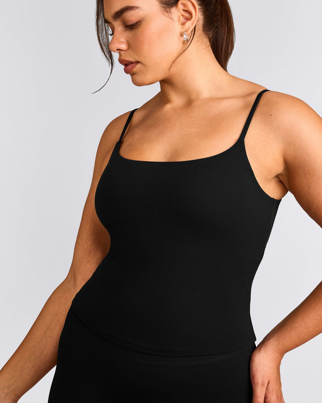 SoftMotion™ Strappy Tank Top with Built in Bra Shelf with Gray Logo | Black