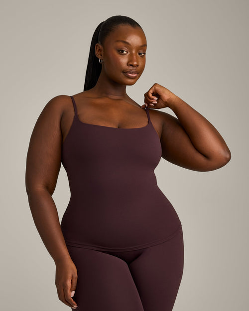 SoftMotion™ Strappy Vest with Built in Bra Shelf with Grey Logo | Plum Brown
