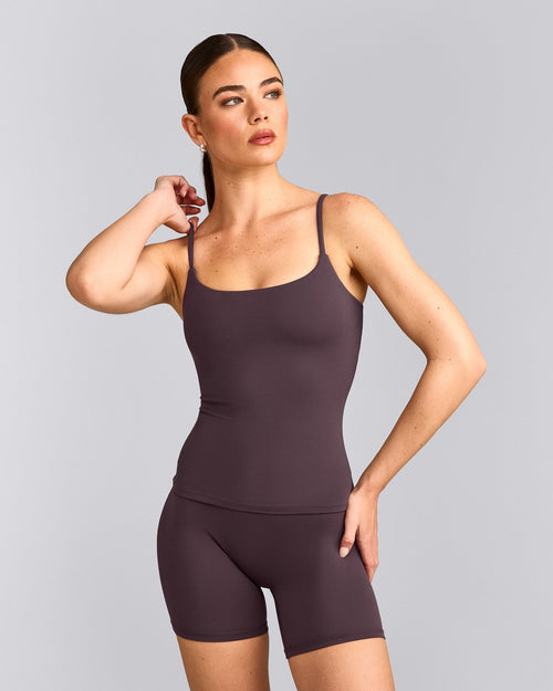 SoftMotion™ Strappy Tank Top with Built in Bra Shelf with Gray Logo | Dark Umber Brown