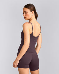 SoftMotion™ Strappy Tank Top with Built in Bra Shelf with Gray Logo | Dark Umber Brown