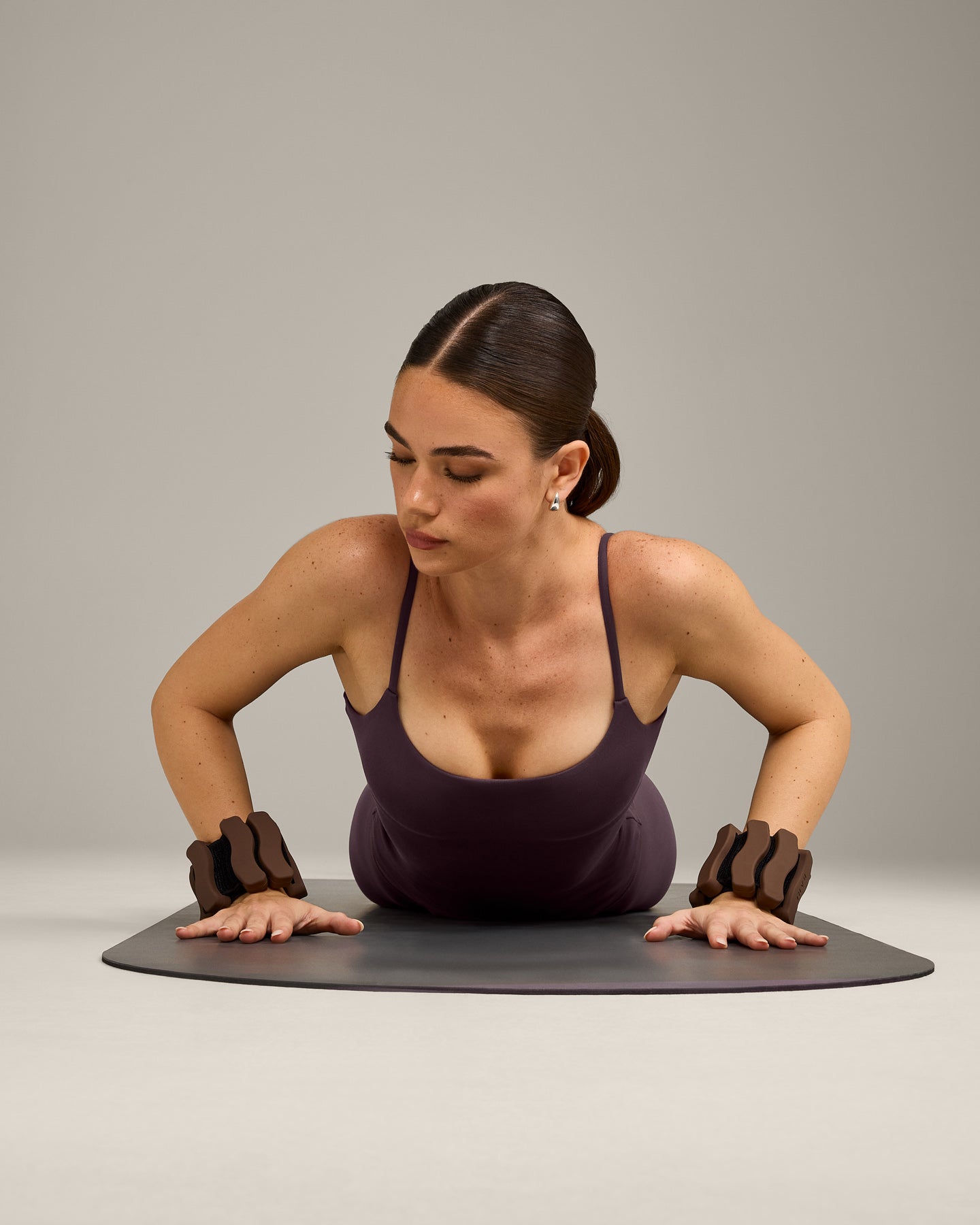SoftMotion™ Strappy Vest with Built in Bra Shelf with Grey Logo | Dark Umber Brown