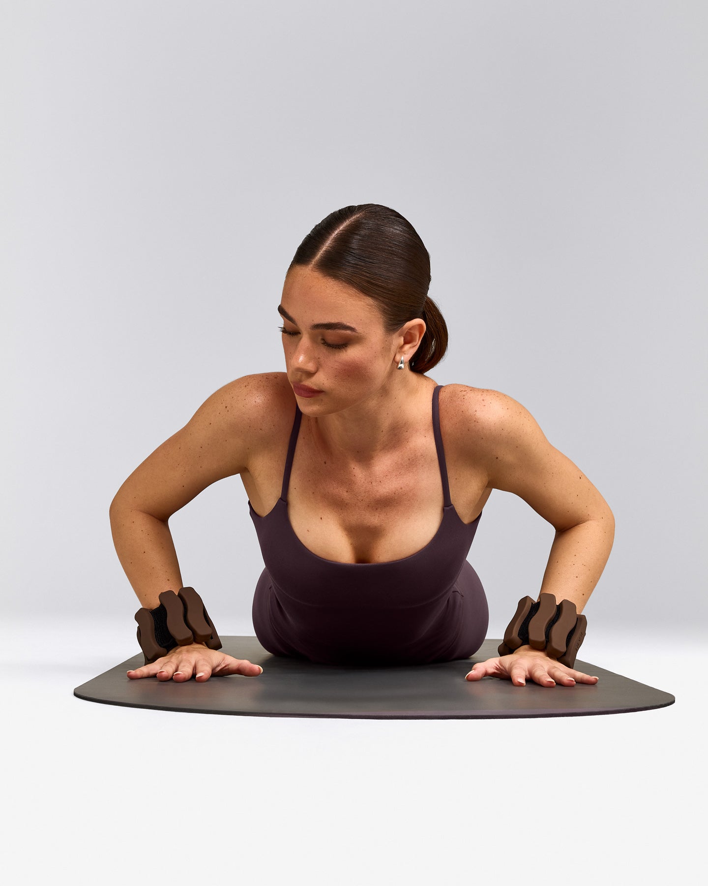 SoftMotion™ Strappy Tank Top with Built in Bra Shelf with Gray Logo | Dark Umber Brown