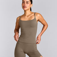 SoftMotion™ Strappy Vest with Built in Bra Shelf with Grey Logo | Moss Brown