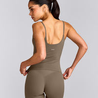 SoftMotion™ Strappy Vest with Built in Bra Shelf with Grey Logo | Moss Brown