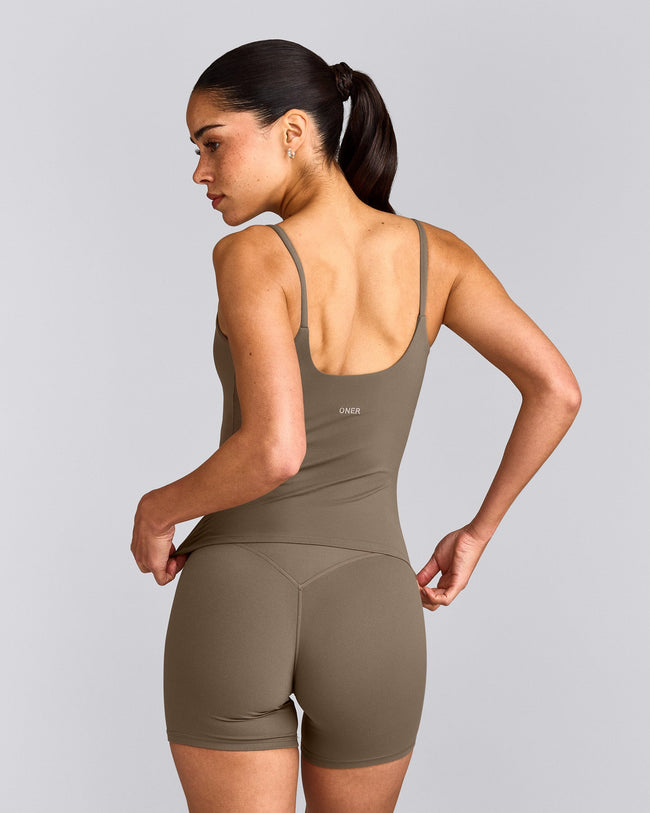 SoftMotion™ Strappy Vest with Built in Bra Shelf with Grey Logo | Moss Brown