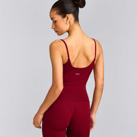 SoftMotion™ Strappy Tank Top with Built in Bra Shelf with Gray Logo | Ruby Red