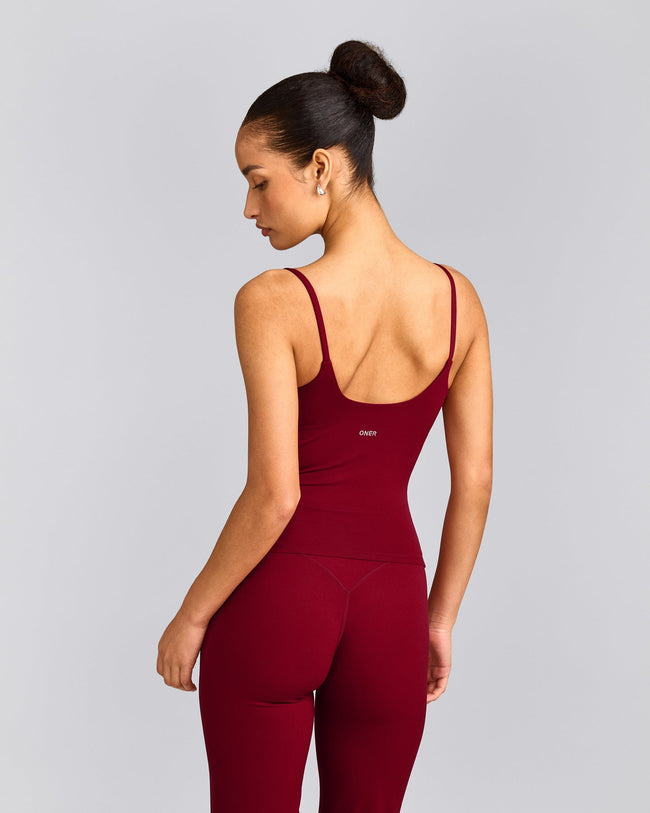SoftMotion™ Strappy Tank Top with Built in Bra Shelf with Gray Logo | Ruby Red
