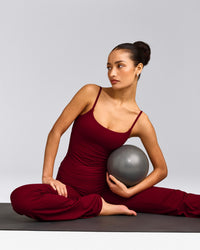 SoftMotion™ Strappy Tank Top with Built in Bra Shelf with Gray Logo | Ruby Red