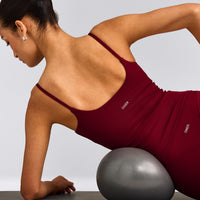 SoftMotion™ Strappy Tank Top with Built in Bra Shelf with Gray Logo | Ruby Red