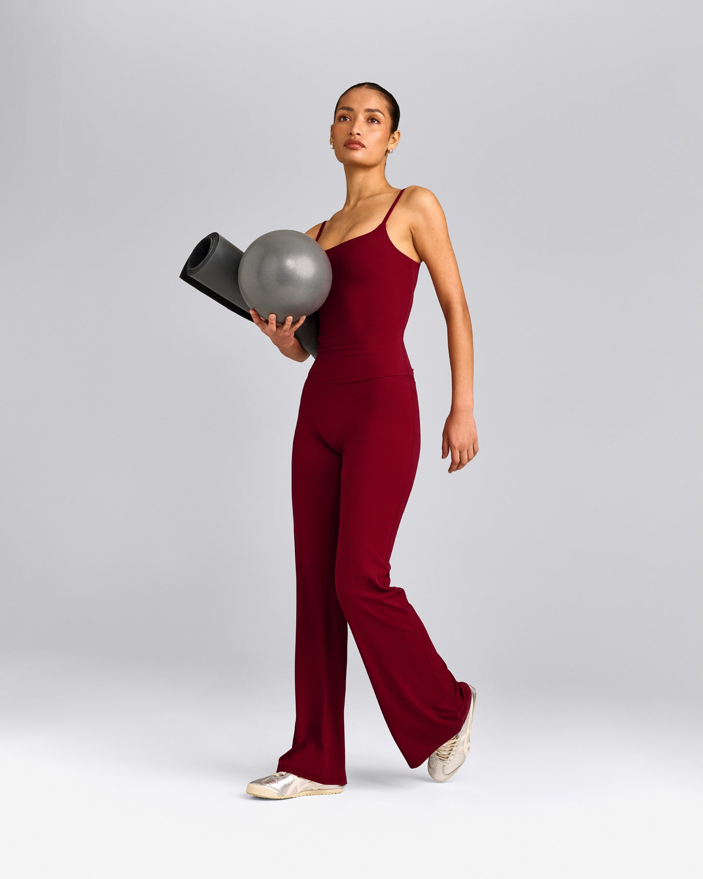 SoftMotion™ Strappy Tank Top with Built in Bra Shelf with Gray Logo | Ruby Red